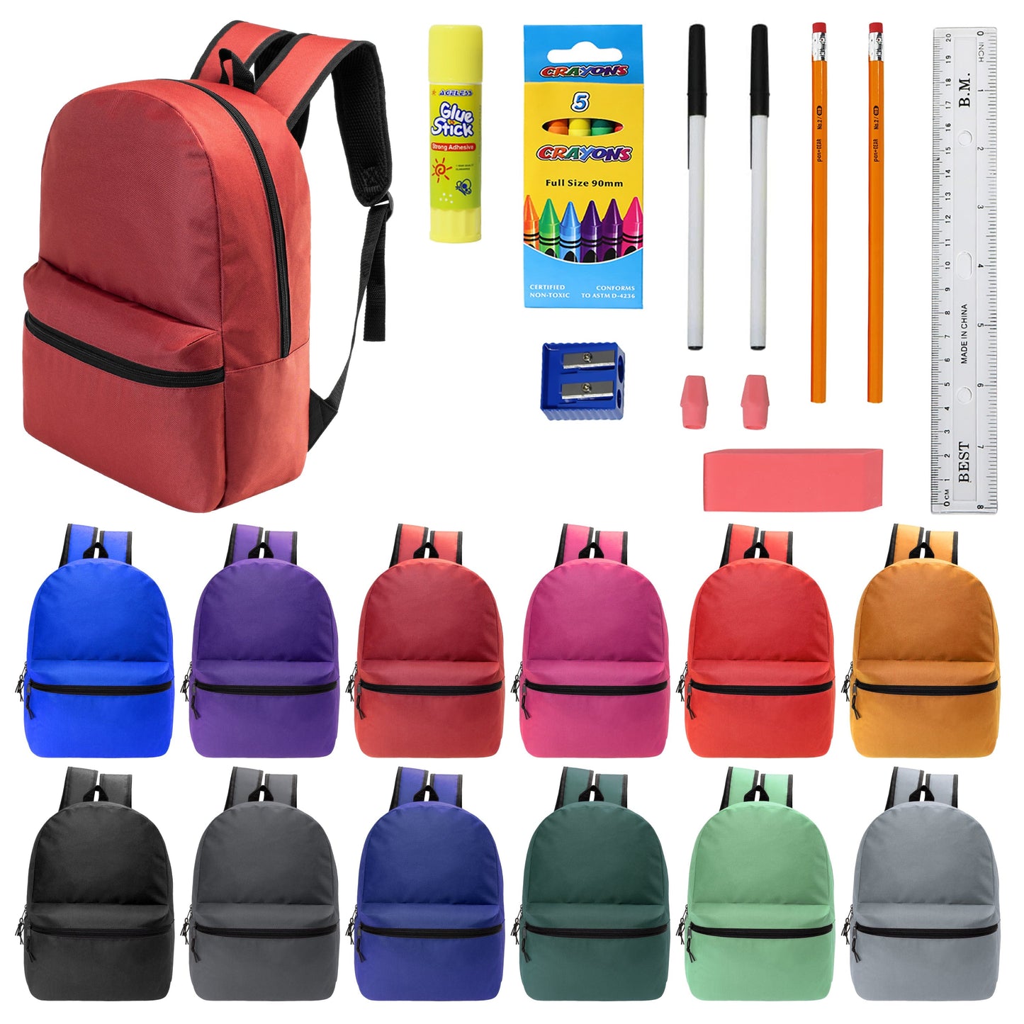 12 Wholesale 17 'Basic Rucksäcke in 12 verschiedenen Farben & 12 Bulk School Supply Kits Ihrer Wahl