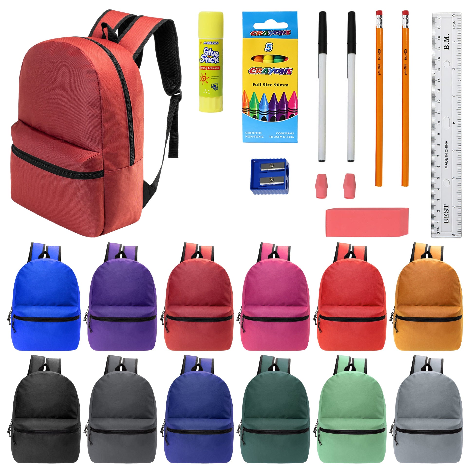 12 Wholesale 17 'Basic Rucksäcke in 12 verschiedenen Farben & 12 Bulk School Supply Kits Ihrer Wahl