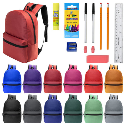 12 Wholesale 17 'Basic Rucksäcke in 12 verschiedenen Farben & 12 Bulk School Supply Kits Ihrer Wahl