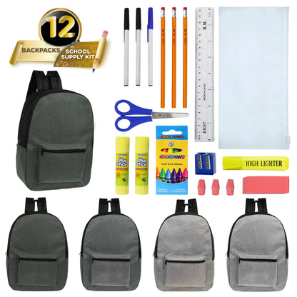 12 Großhandels-17' Rucksäcke in grauen Farben & 12 Bulk School Supply Kits