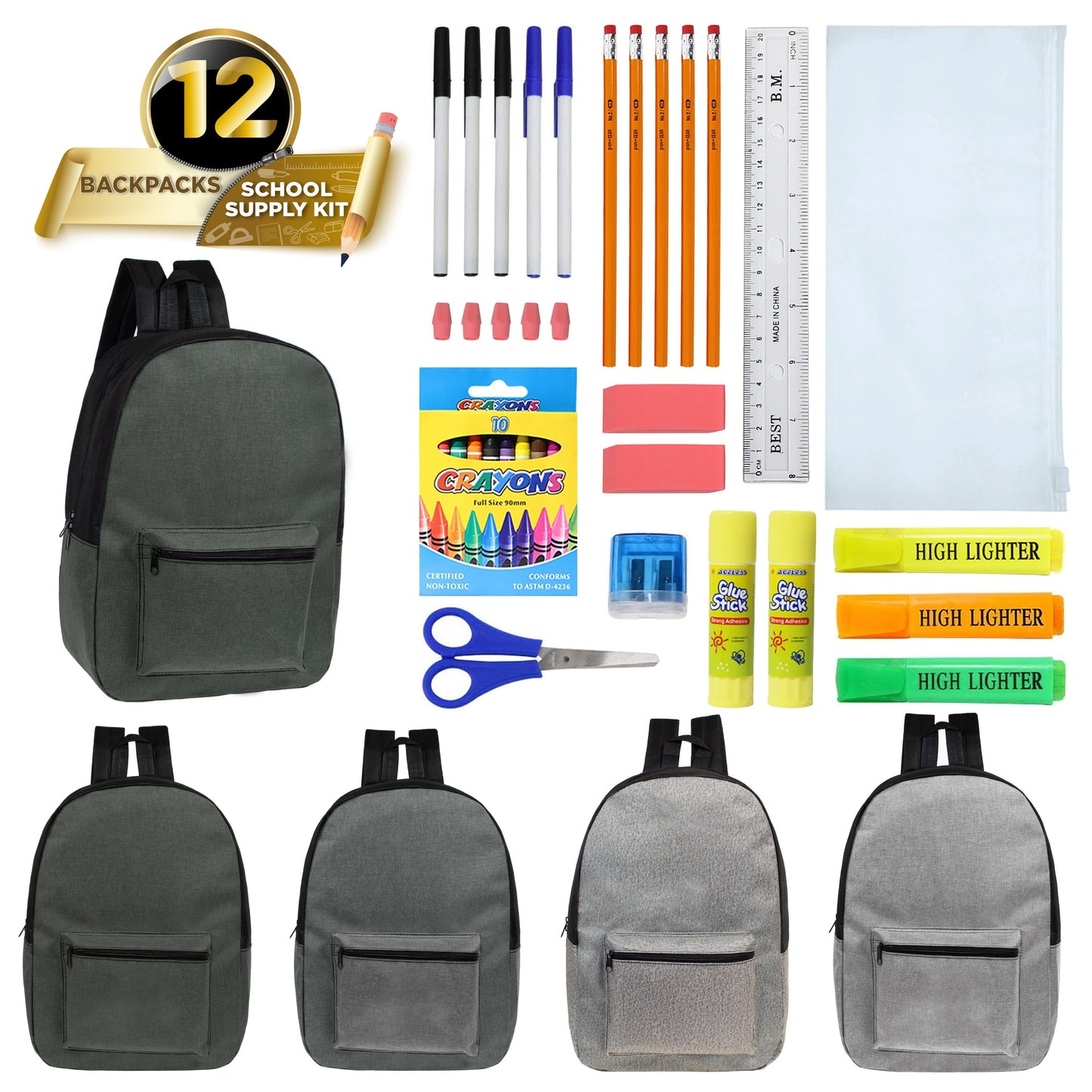 12 Großhandels-17' Rucksäcke in grauen Farben & 12 Bulk School Supply Kits