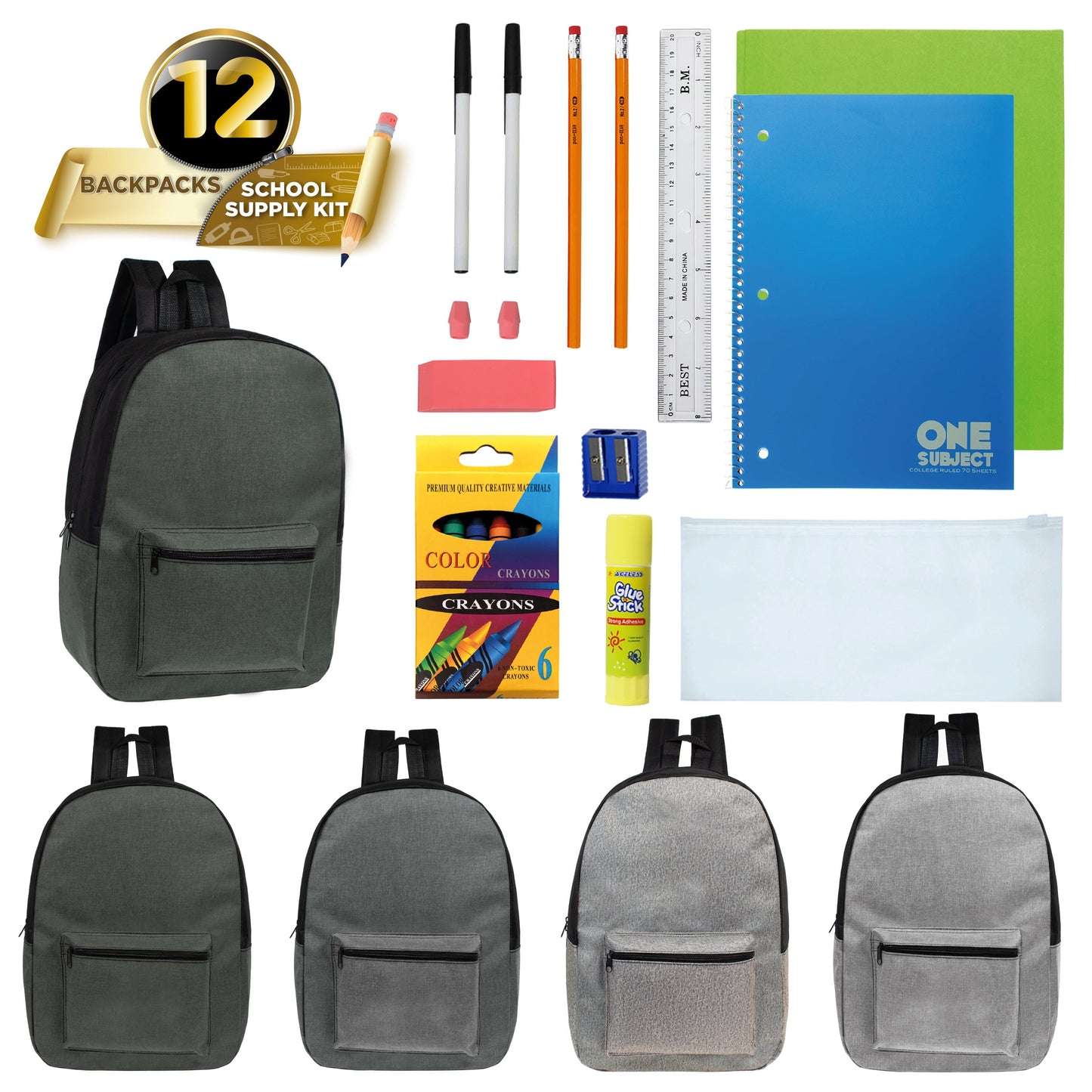 12 Großhandels-17' Rucksäcke in grauen Farben & 12 Bulk School Supply Kits