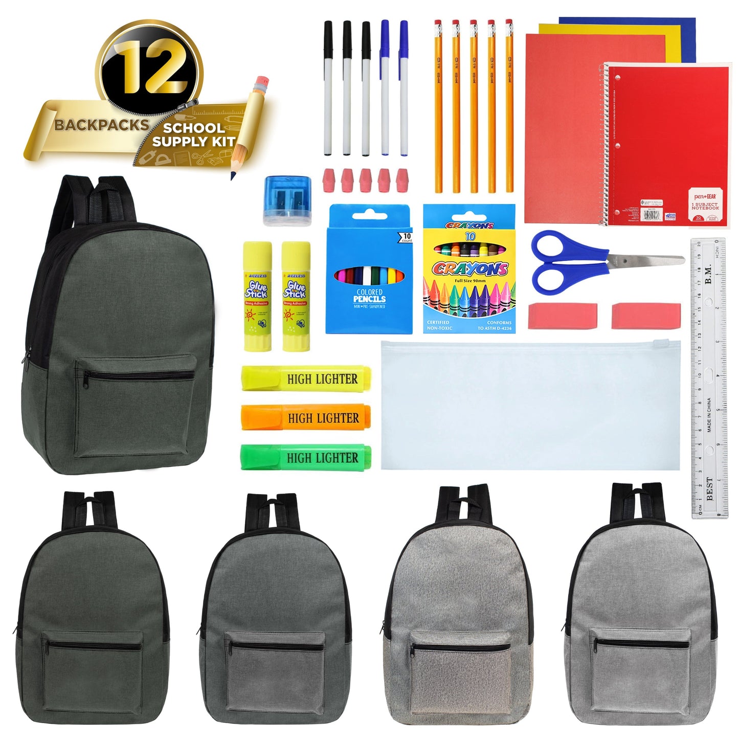 12 Großhandels-17' Rucksäcke in grauen Farben & 12 Bulk School Supply Kits
