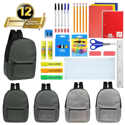 12 Großhandels-17' Rucksäcke in grauen Farben & 12 Bulk School Supply Kits