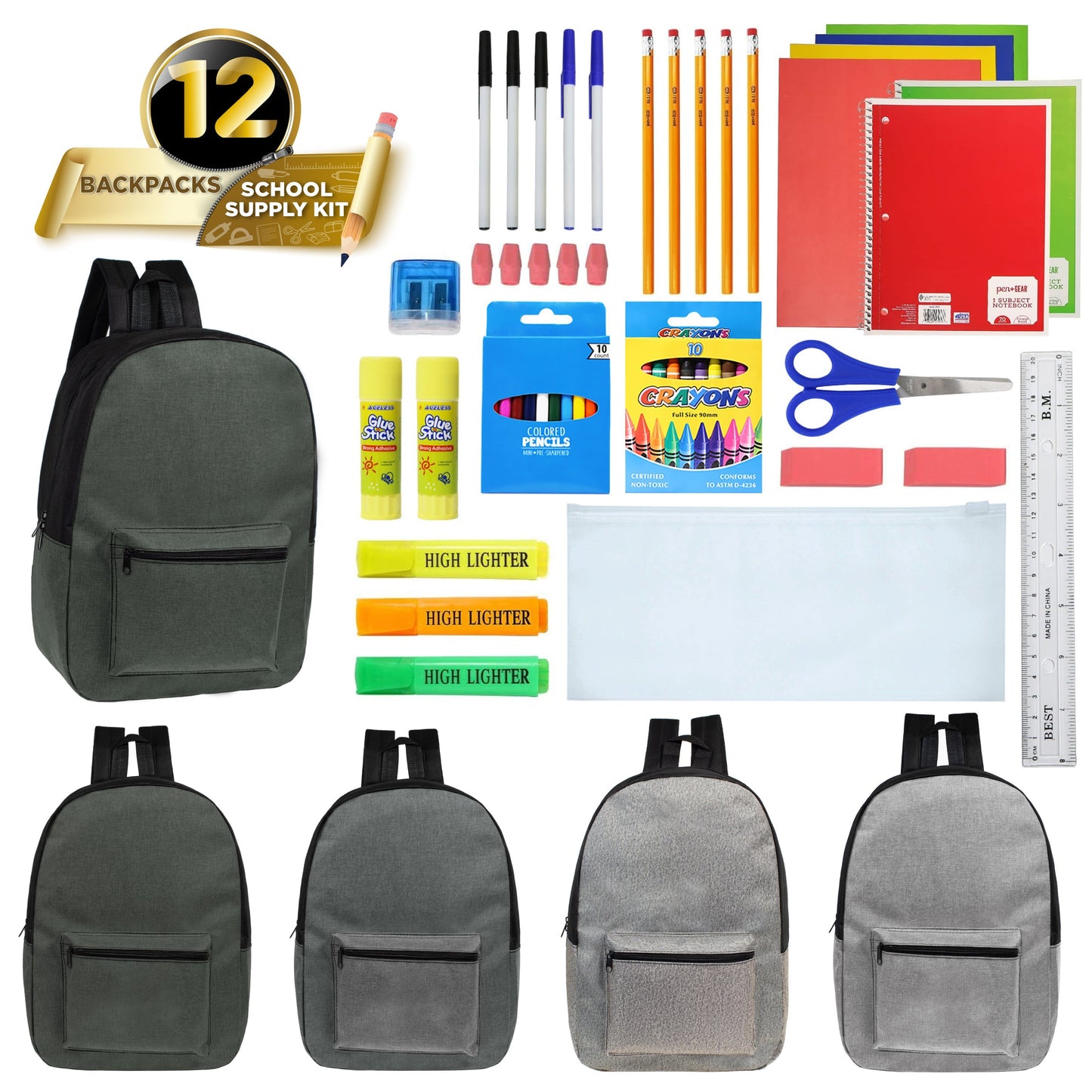 12 Großhandels-17' Rucksäcke in grauen Farben & 12 Bulk School Supply Kits