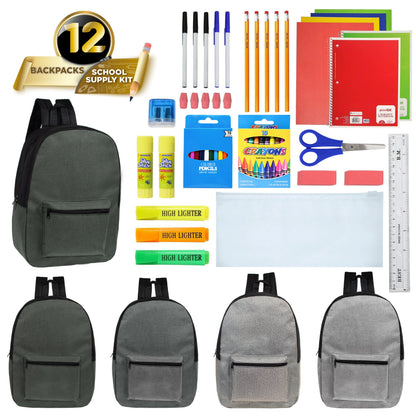 12 Großhandels-17' Rucksäcke in grauen Farben & 12 Bulk School Supply Kits