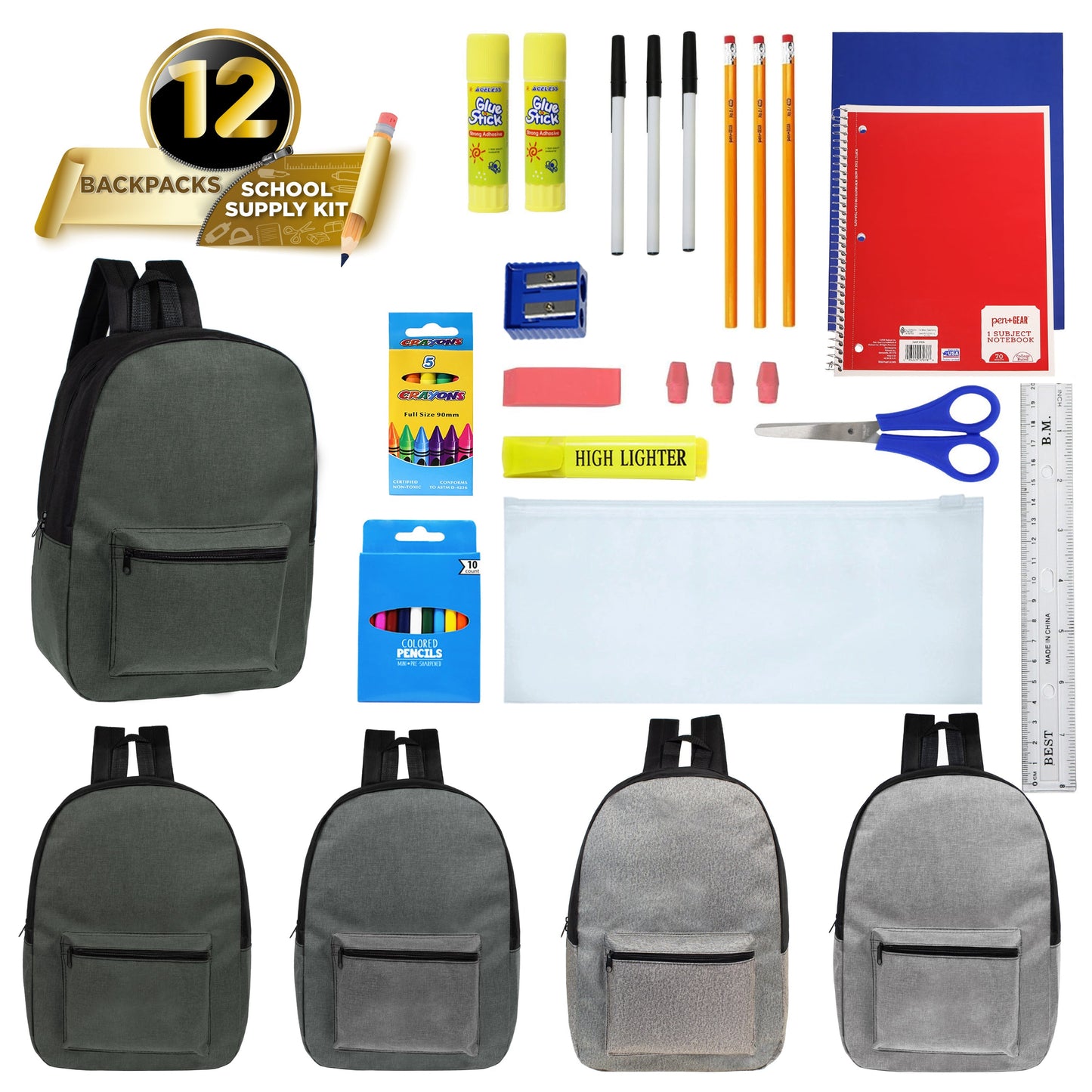 12 Großhandels-17' Rucksäcke in grauen Farben & 12 Bulk School Supply Kits