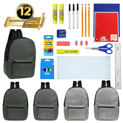 12 Großhandels-17' Rucksäcke in grauen Farben & 12 Bulk School Supply Kits