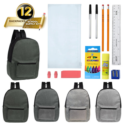 12 Großhandels-17' Rucksäcke in grauen Farben & 12 Bulk School Supply Kits