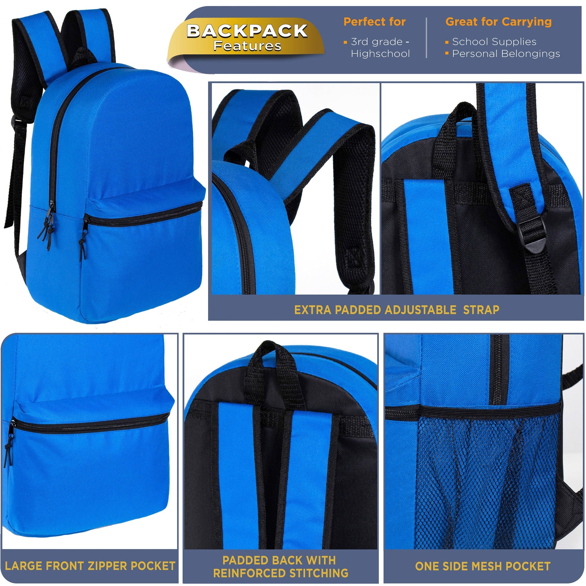 12 Basic 16 'Rucksäcke in 12 Farben mit einer Seitentasche und Ihrer Wahl von 12 Bulk Hygiene Kits - Wholesale PFLEGE Package: Obdachlos, Notfall, Wohltätigkeit