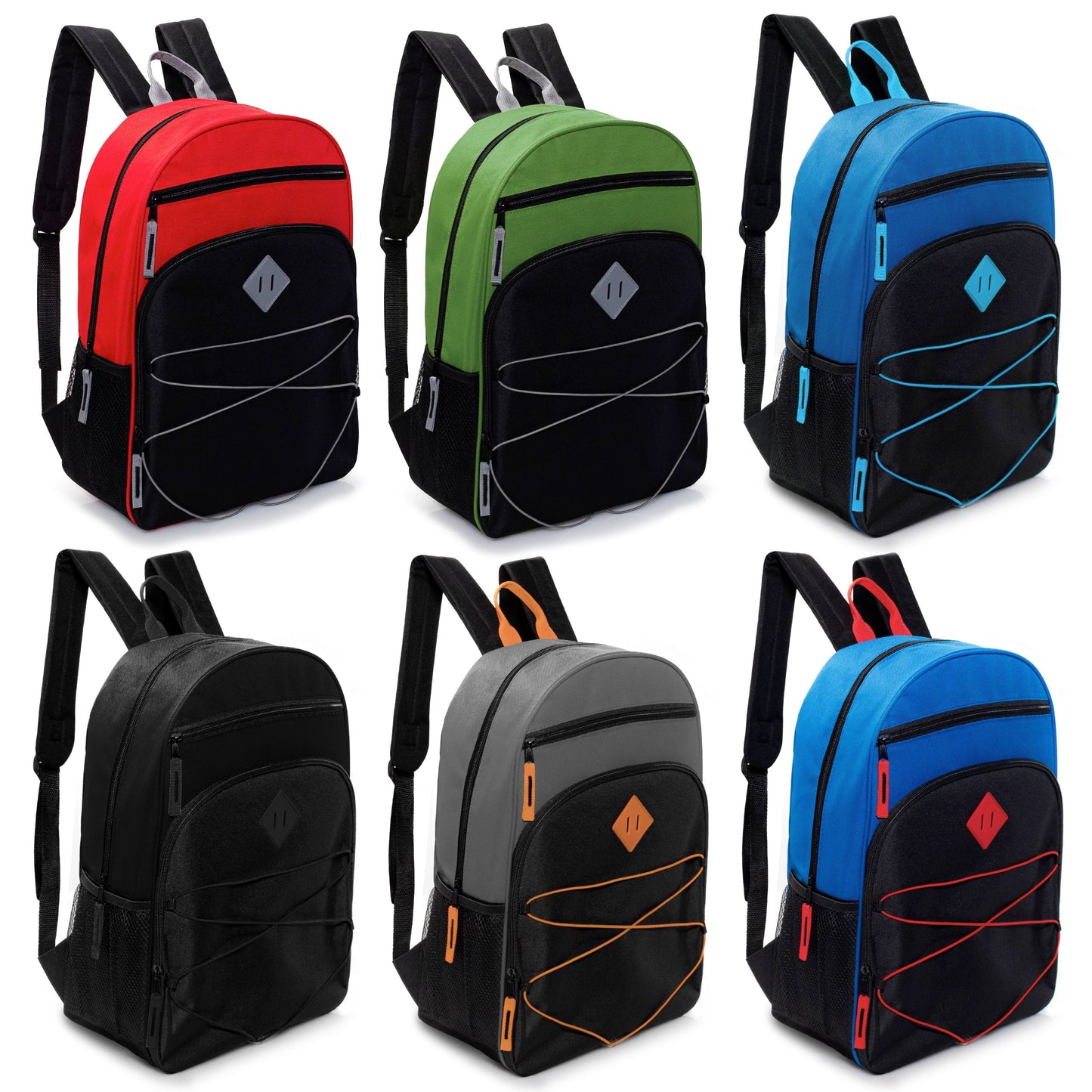 12 Wholesale 17' Bungee Rucksäcke mit Side Pockets & 12 Bulk School Supply Kits Ihrer Wahl