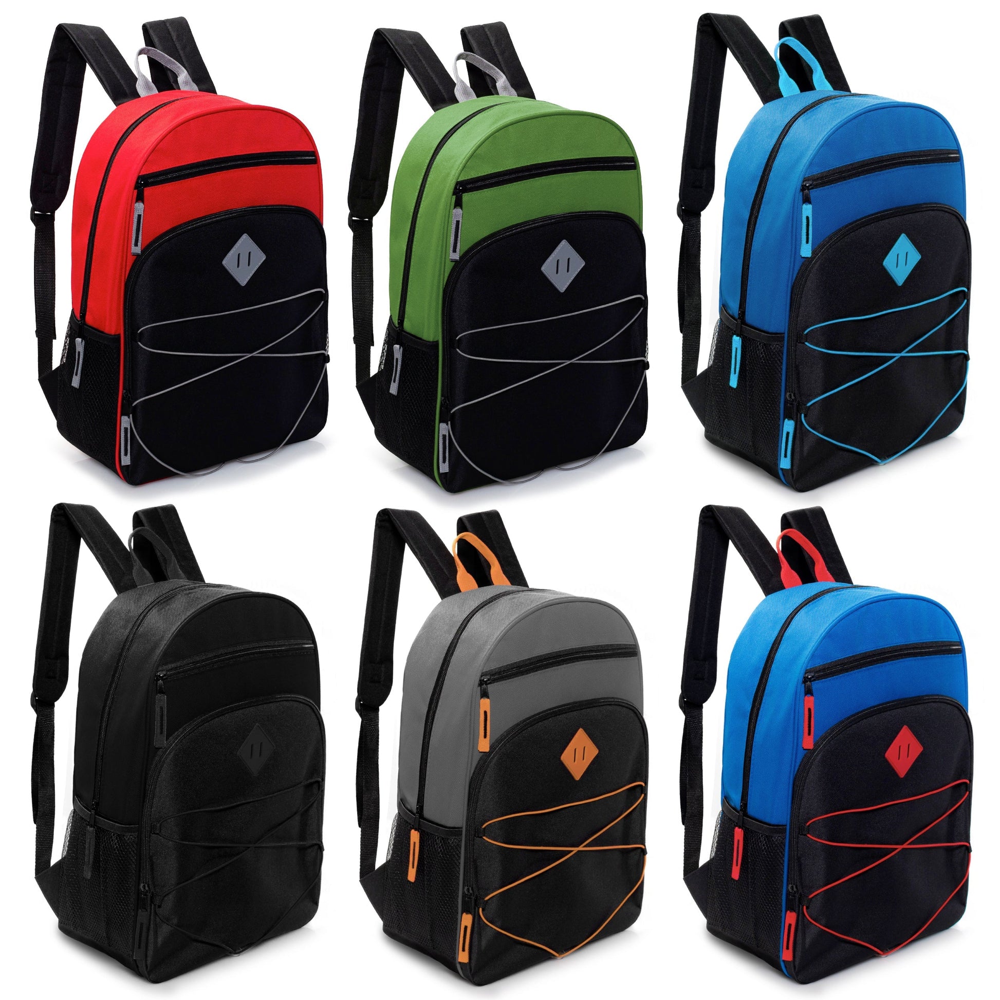 12 Wholesale 17' Bungee Rucksäcke mit Side Pockets & 12 Bulk School Supply Kits Ihrer Wahl