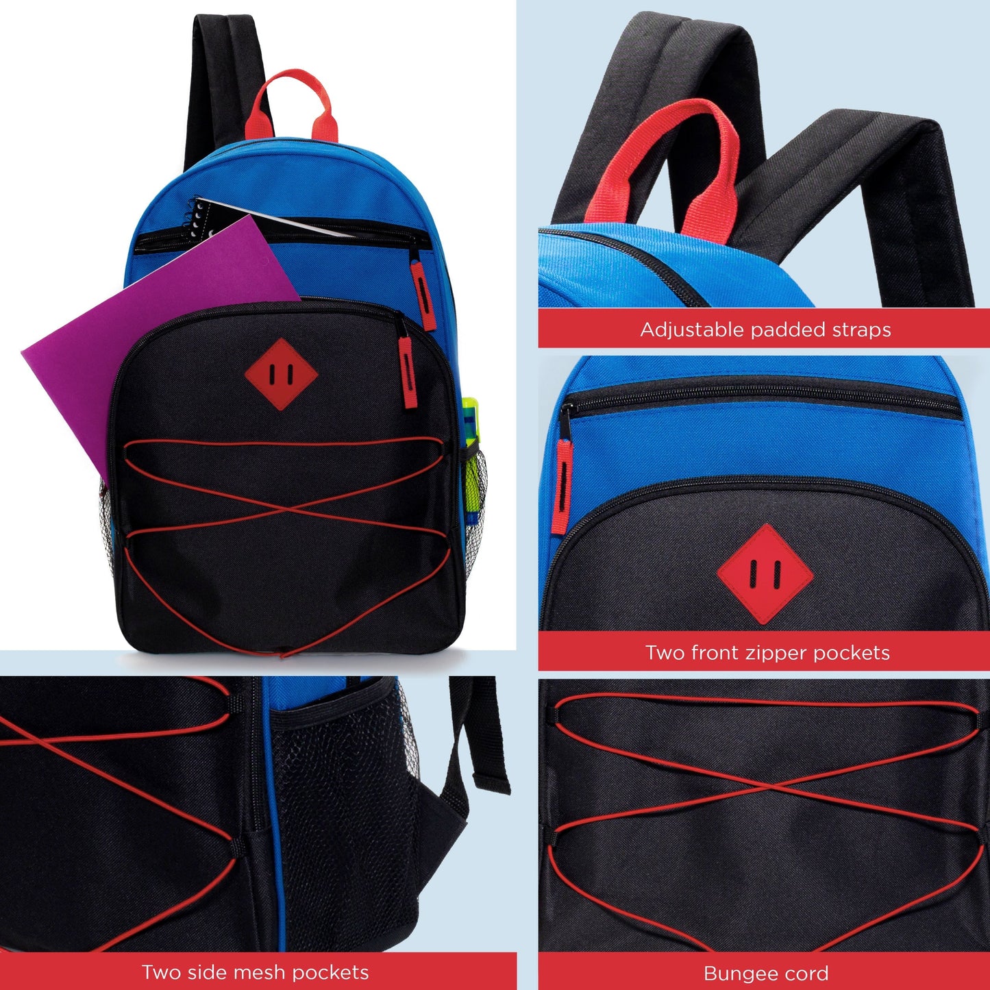 17' Bungee Design Wholesale Rucksäcke in 6 Farben mit Seitentaschen - Bulk Case von 24 Bookbags