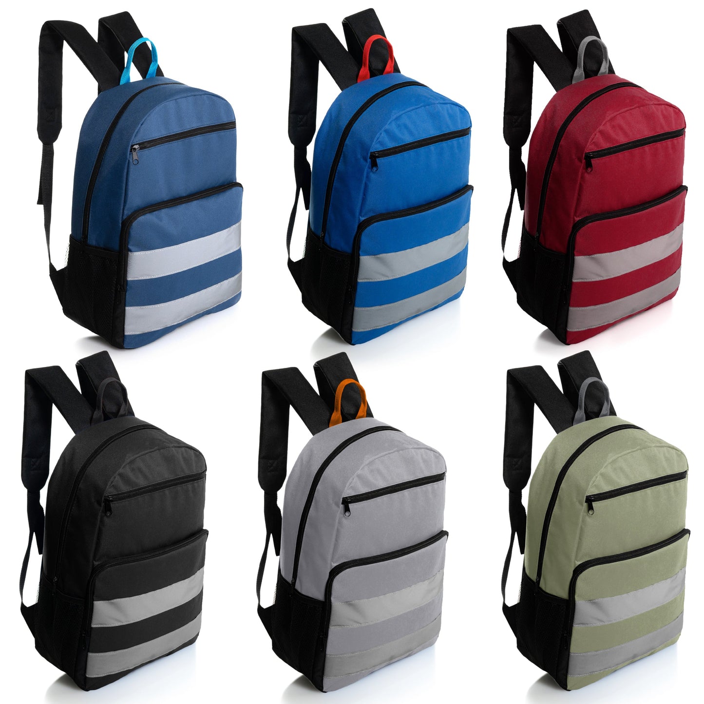 17' Wholesale Rucksack mit reflektierenden Streifen in 6 Farben - 2 Seitentaschen - Bulk Case von 24 Bookbags