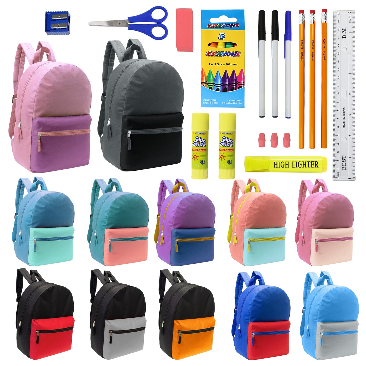 12 Großhandels-17' Zwei Ton Rucksäcke in 12 verschiedenen Farben & 12 Bulk School Supply Kits Ihrer Wahl