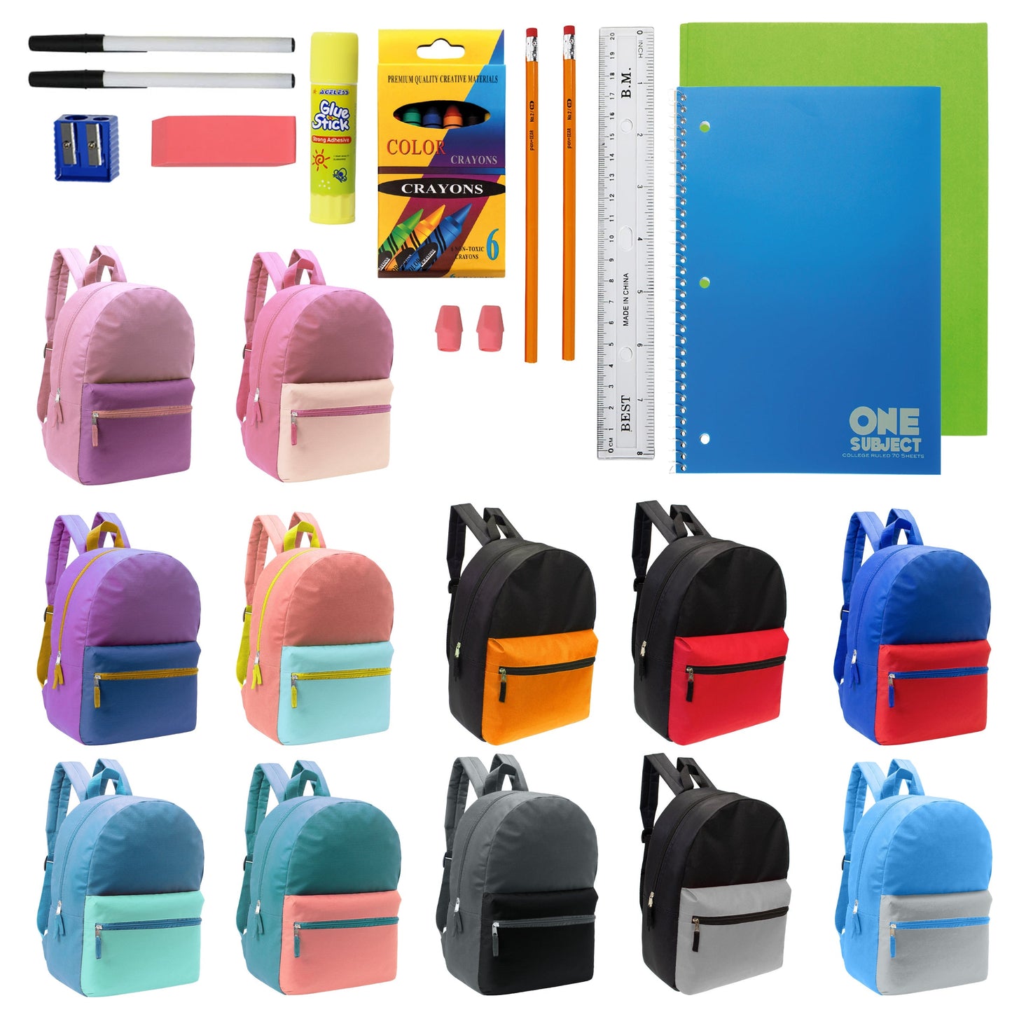 12 Großhandels-17' Zwei Ton Rucksäcke in 12 verschiedenen Farben & 12 Bulk School Supply Kits Ihrer Wahl