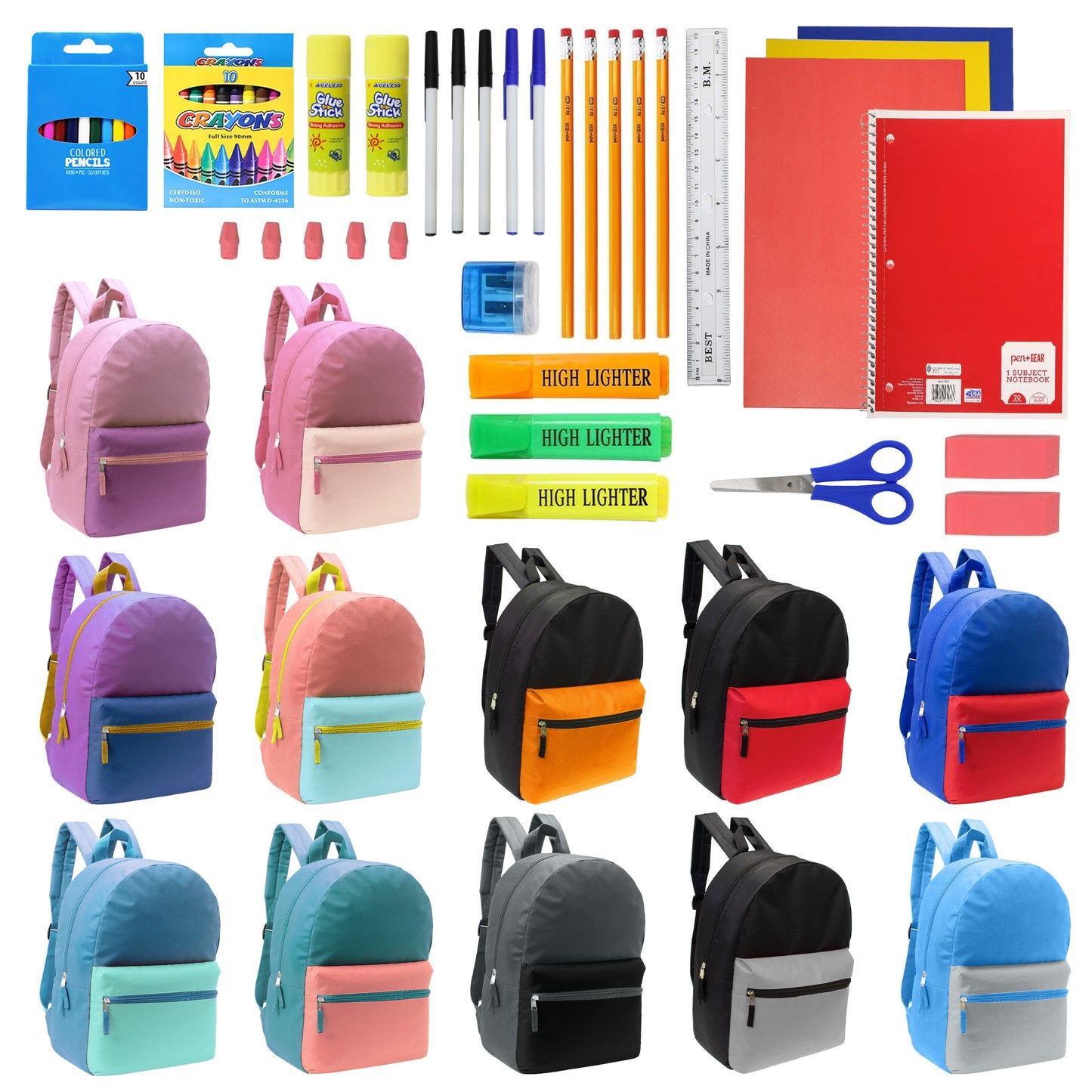12 Großhandels-17' Zwei Ton Rucksäcke in 12 verschiedenen Farben & 12 Bulk School Supply Kits Ihrer Wahl