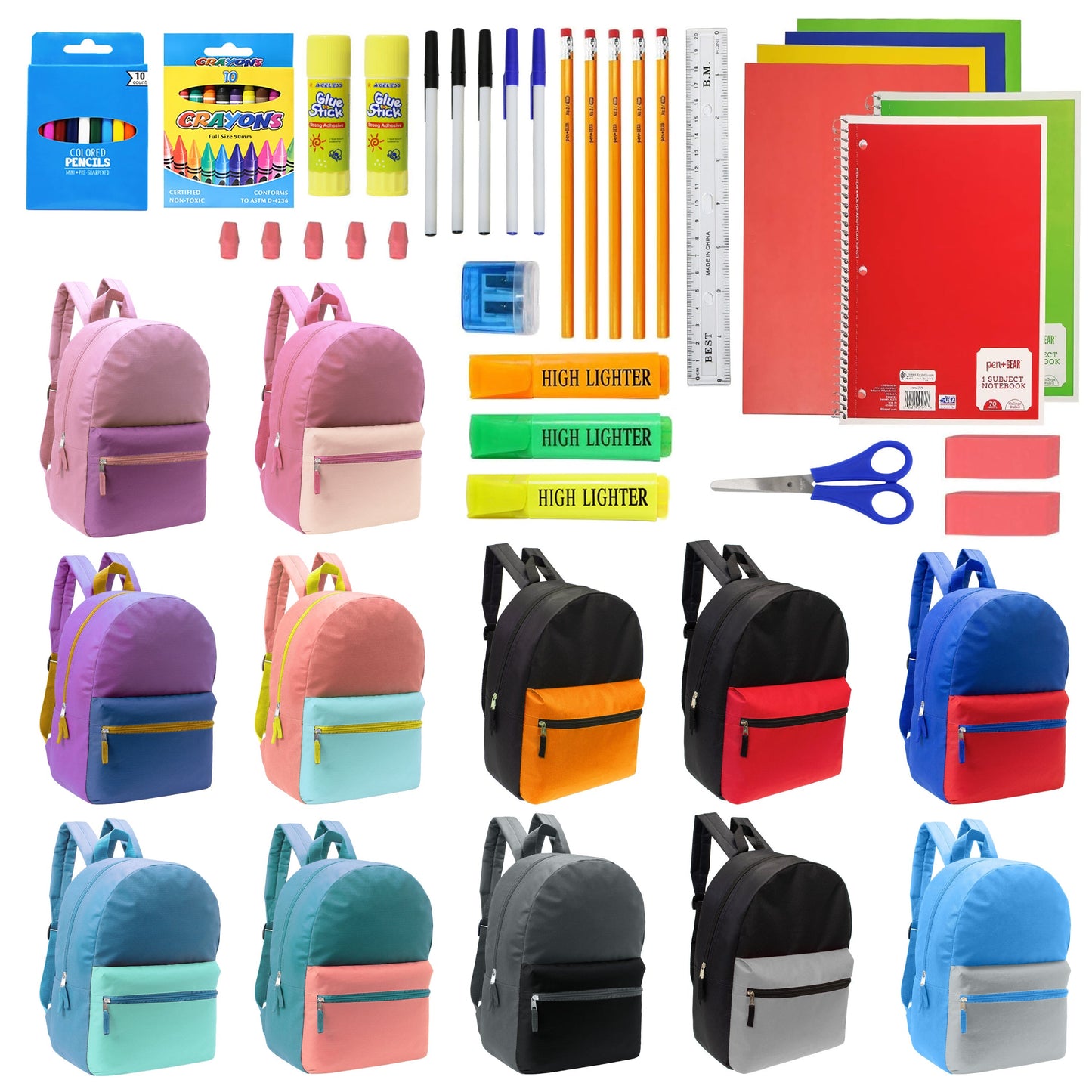 12 Großhandels-17' Zwei Ton Rucksäcke in 12 verschiedenen Farben & 12 Bulk School Supply Kits Ihrer Wahl