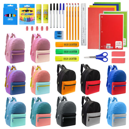 12 Großhandels-17' Zwei Ton Rucksäcke in 12 verschiedenen Farben & 12 Bulk School Supply Kits Ihrer Wahl