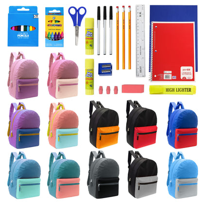 12 Großhandels-17' Zwei Ton Rucksäcke in 12 verschiedenen Farben & 12 Bulk School Supply Kits Ihrer Wahl