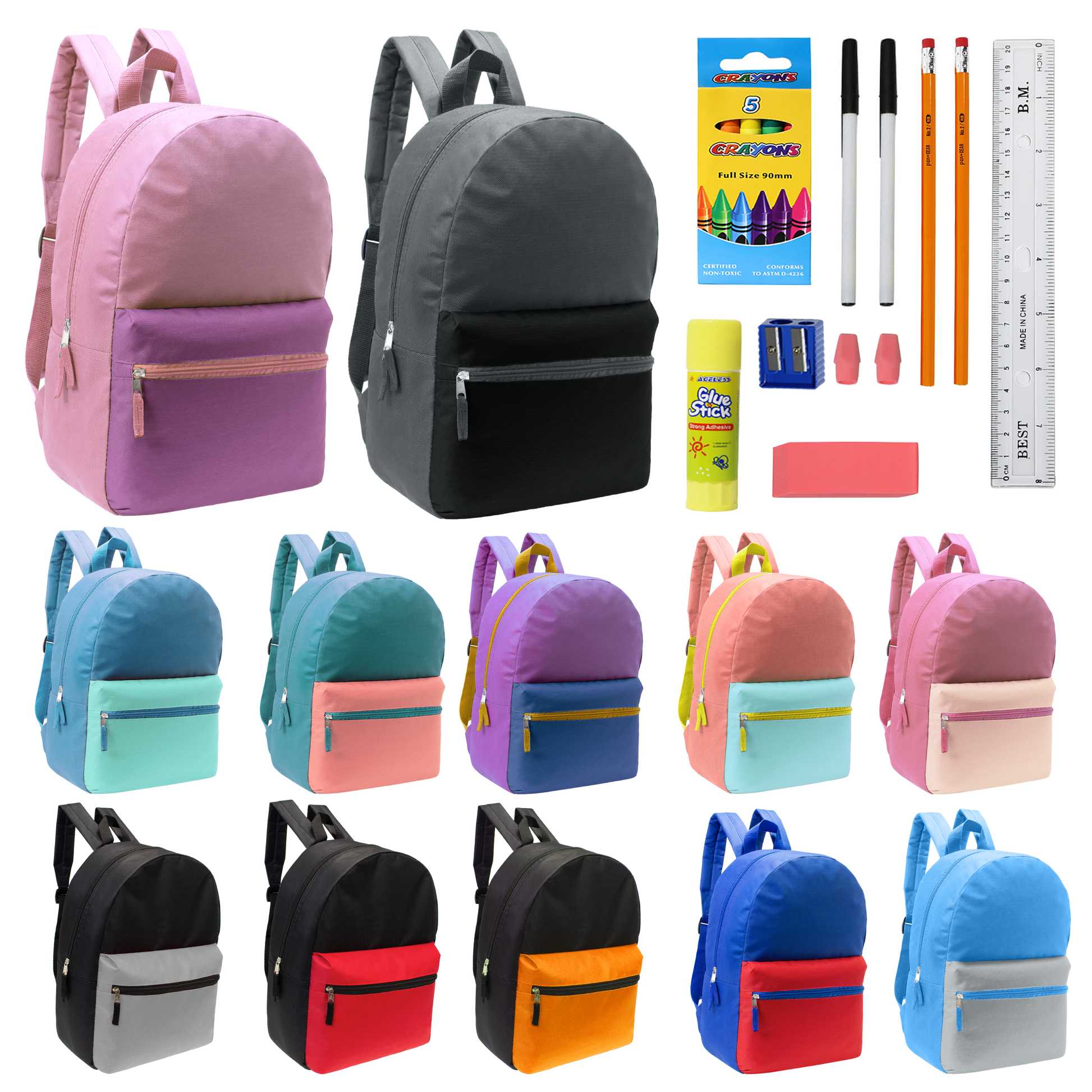 12 Großhandels-17' Zwei Ton Rucksäcke in 12 verschiedenen Farben & 12 Bulk School Supply Kits Ihrer Wahl
