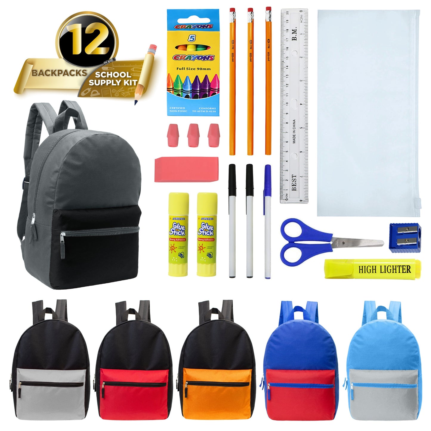12 Multi-Color-Kids-Basic-Rucksäcke in verschiedenen Farben und 12 Bulk School Supply Kits Ihrer Wahl