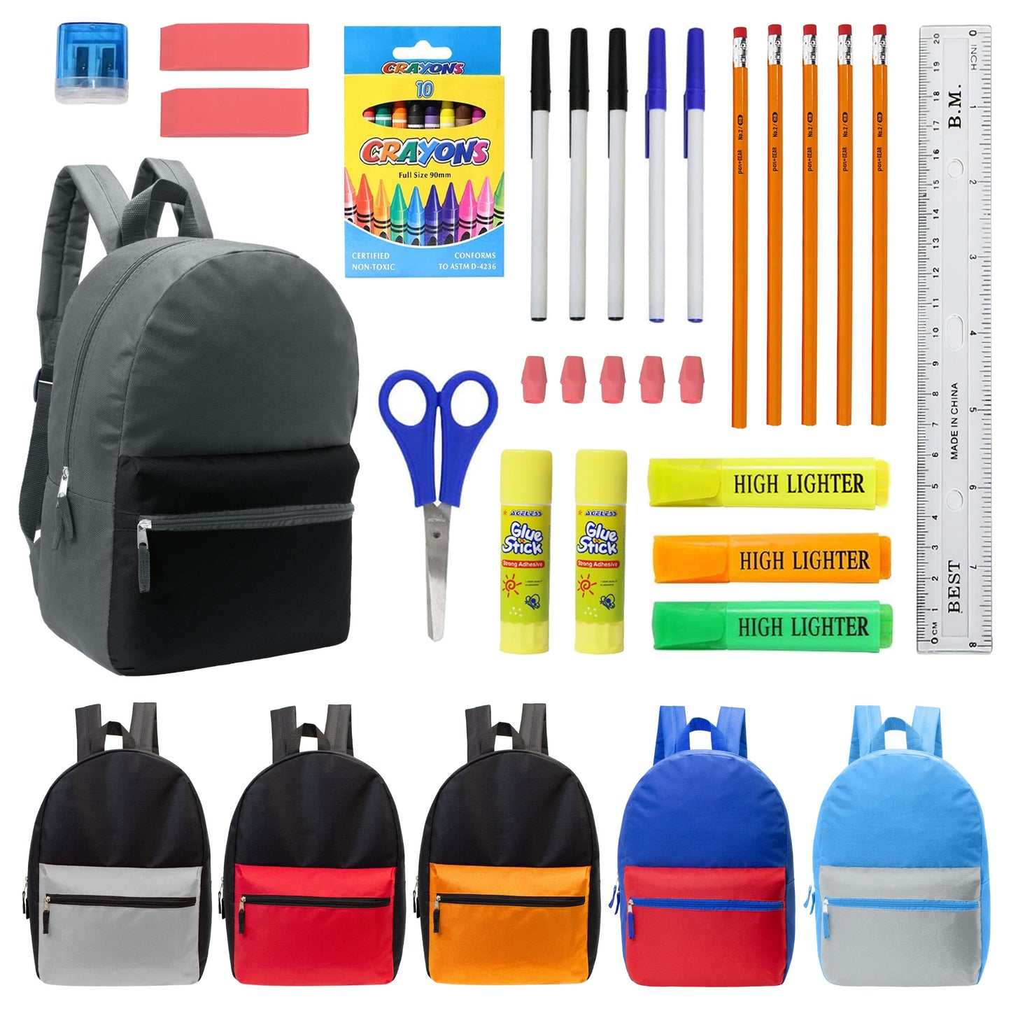 12 Multi-Color-Kids-Basic-Rucksäcke in verschiedenen Farben und 12 Bulk School Supply Kits Ihrer Wahl