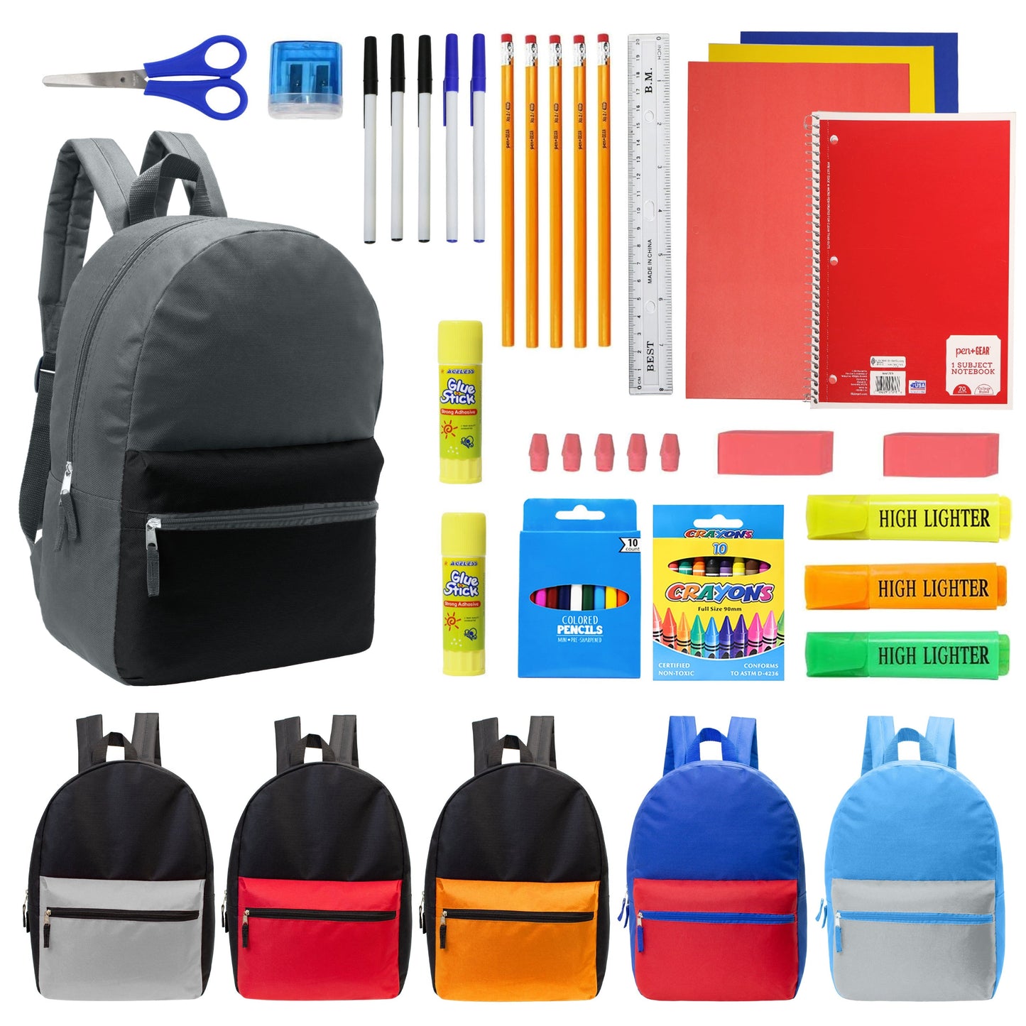 12 Multi-Color-Kids-Basic-Rucksäcke in verschiedenen Farben und 12 Bulk School Supply Kits Ihrer Wahl