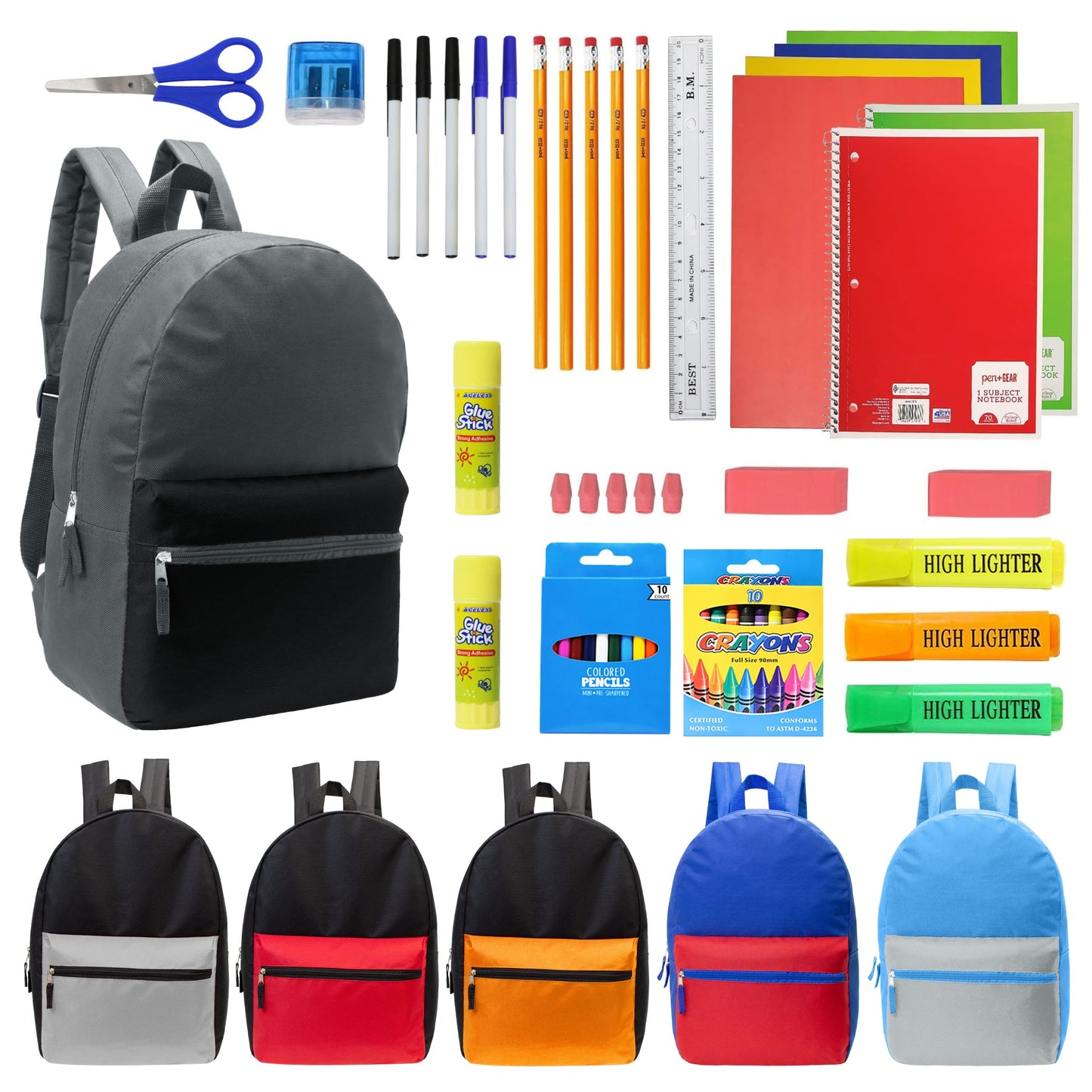 12 Multi-Color-Kids-Basic-Rucksäcke in verschiedenen Farben und 12 Bulk School Supply Kits Ihrer Wahl