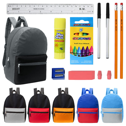 12 Multi-Color-Kids-Basic-Rucksäcke in verschiedenen Farben und 12 Bulk School Supply Kits Ihrer Wahl