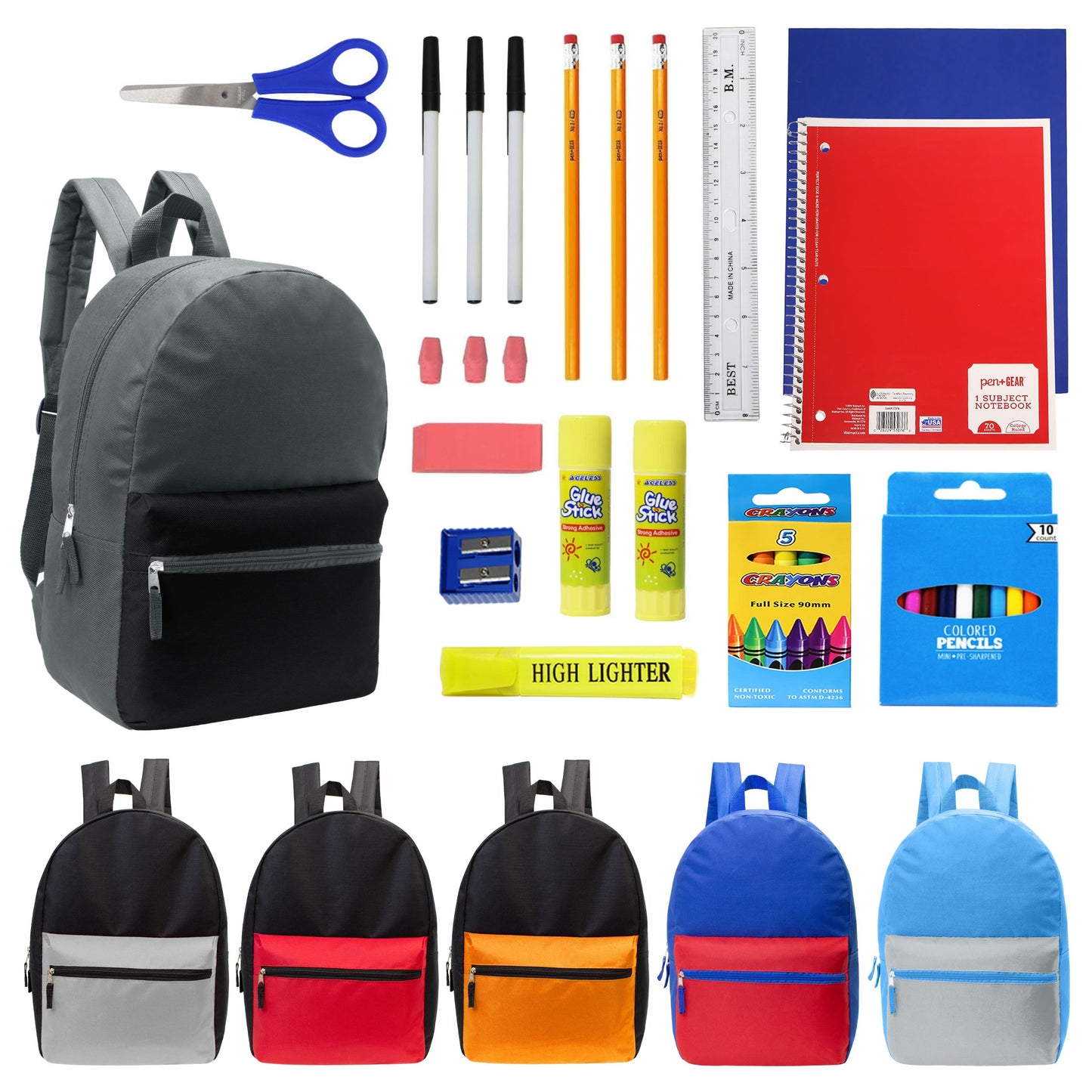 12 Multi-Color-Kids-Basic-Rucksäcke in verschiedenen Farben und 12 Bulk School Supply Kits Ihrer Wahl