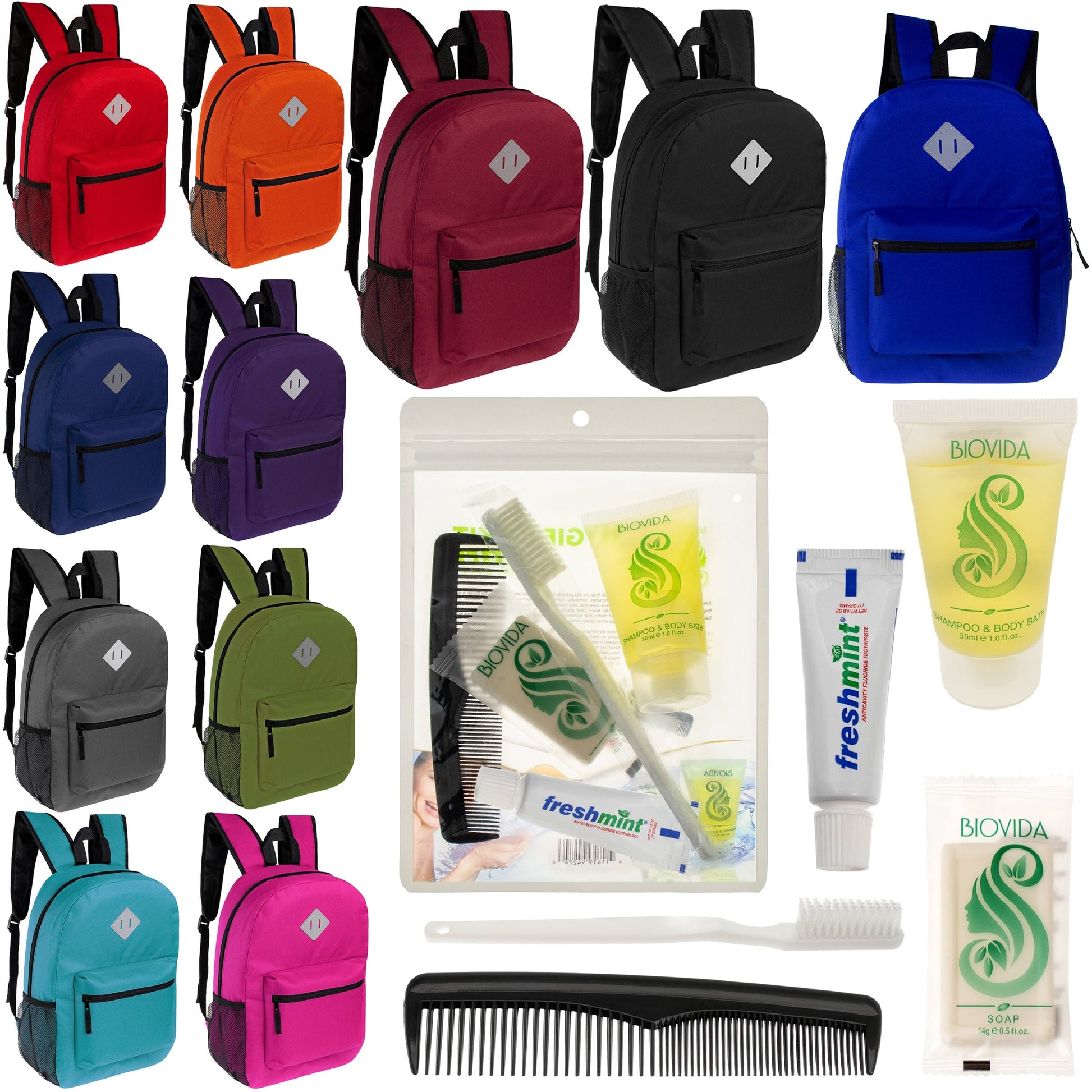 12 Diamond Patch 17 Rucksäcke in 11 Farben & Ihre Wahl von 12 Bulk Hygiene Kits - Wholesale PFLEGE Package: Obdachlos, Notfall, Wohltätigkeit
