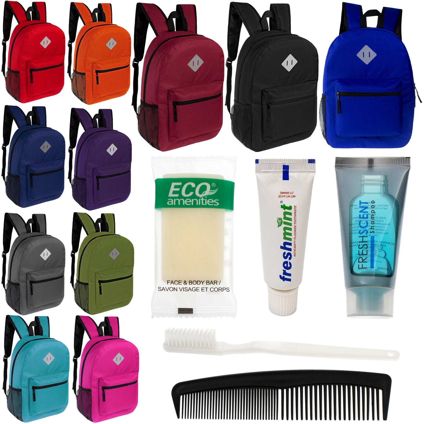 12 Diamond Patch 17 Rucksäcke in 11 Farben & Ihre Wahl von 12 Bulk Hygiene Kits - Wholesale PFLEGE Package: Obdachlos, Notfall, Wohltätigkeit