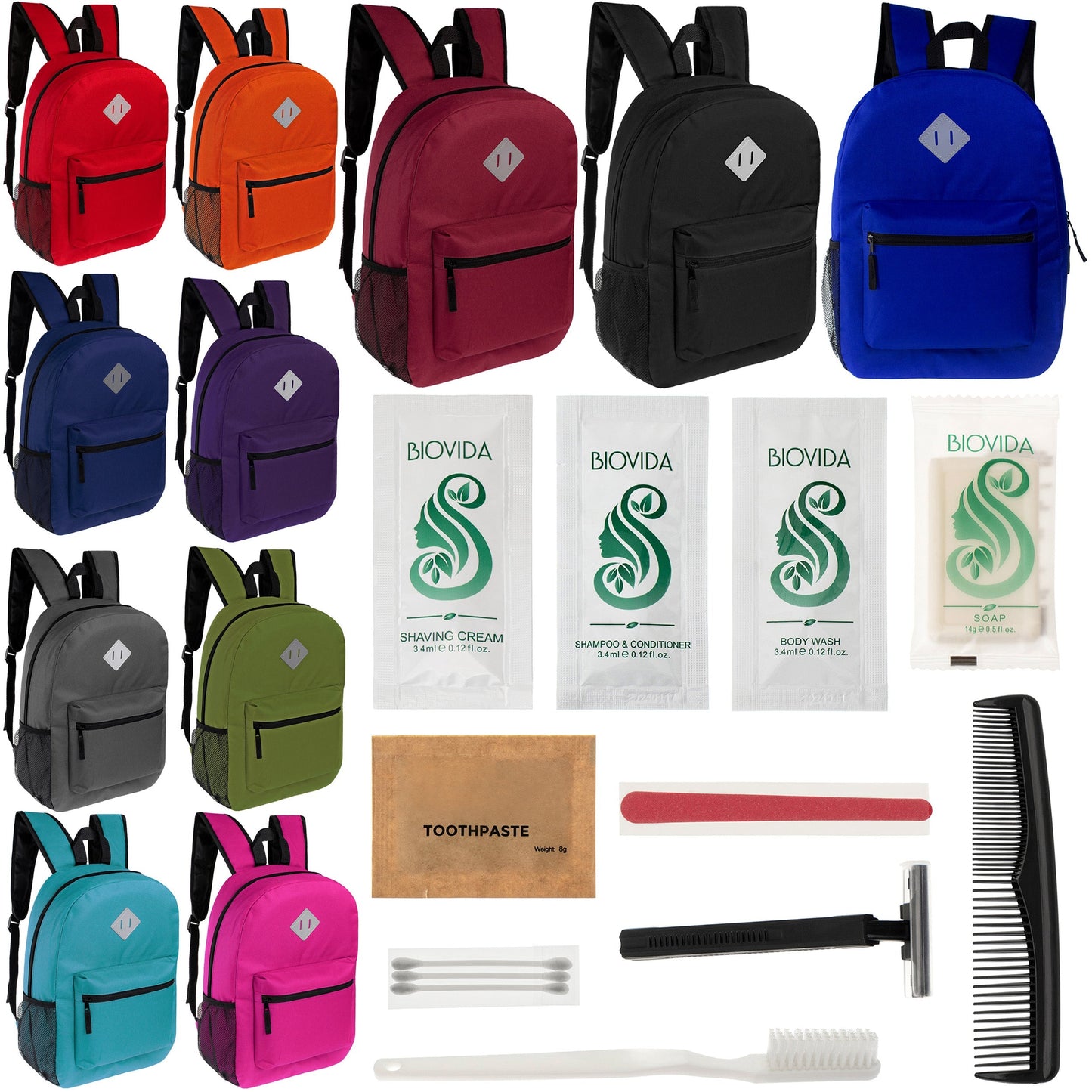 12 Diamond Patch 17 Rucksäcke in 11 Farben & Ihre Wahl von 12 Bulk Hygiene Kits - Wholesale PFLEGE Package: Obdachlos, Notfall, Wohltätigkeit