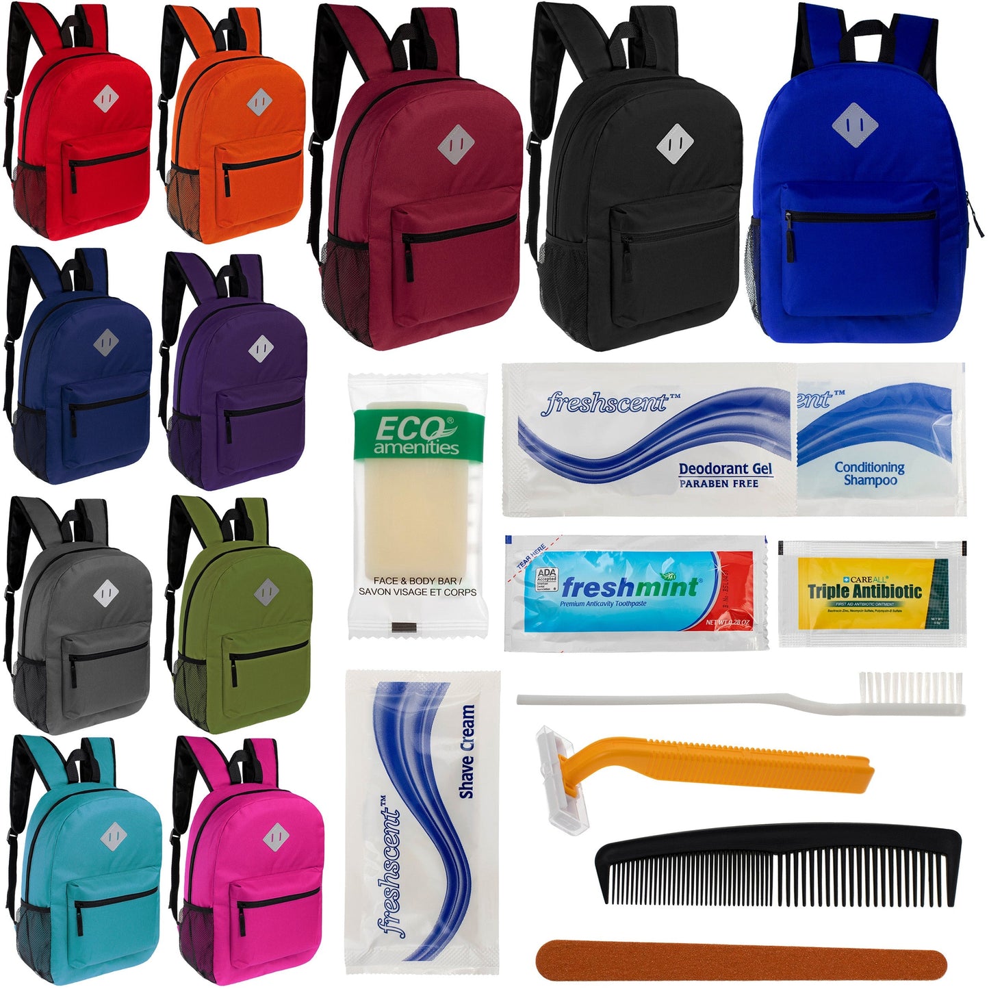 12 Diamond Patch 17 Rucksäcke in 11 Farben & Ihre Wahl von 12 Bulk Hygiene Kits - Wholesale PFLEGE Package: Obdachlos, Notfall, Wohltätigkeit