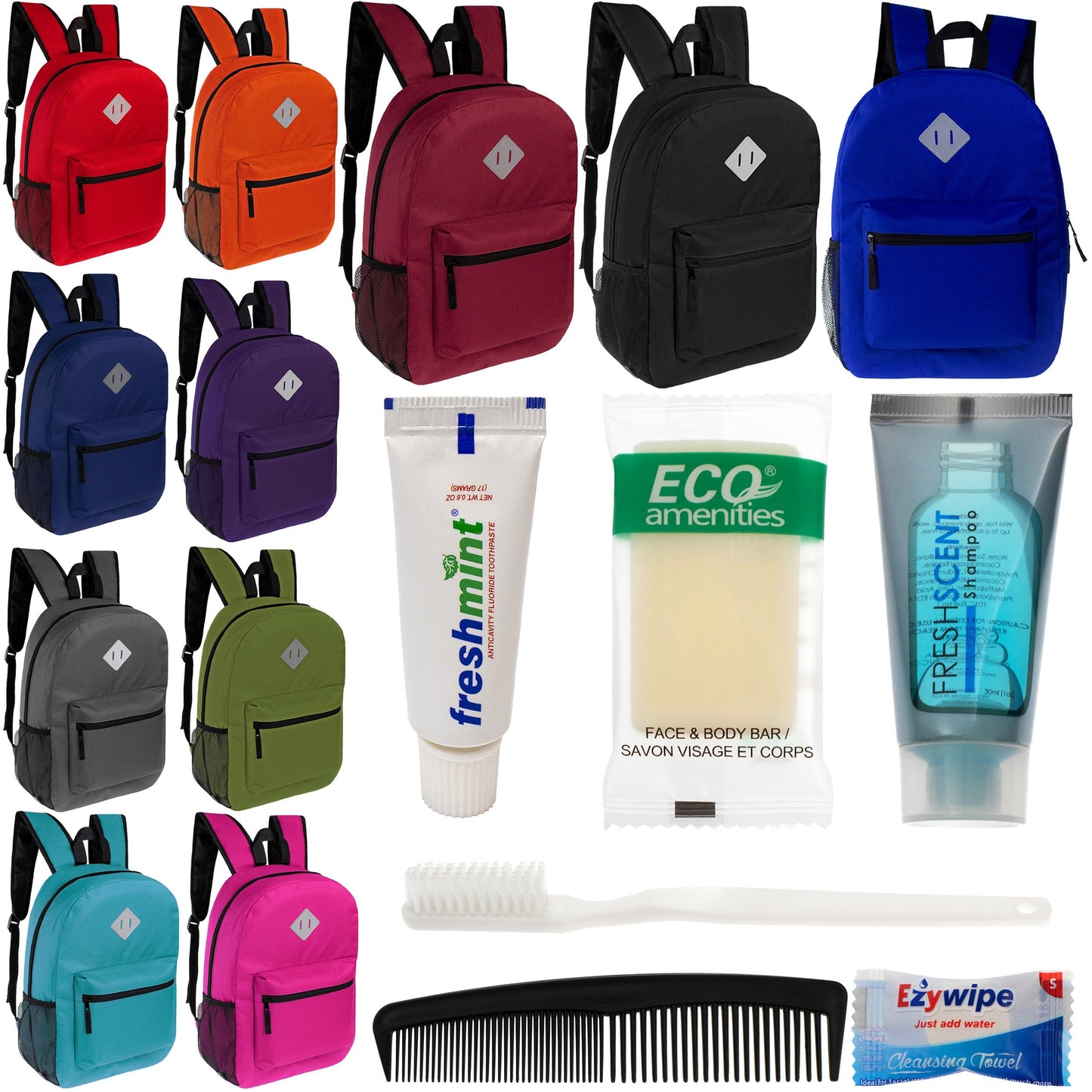 12 Diamond Patch 17 Rucksäcke in 11 Farben & Ihre Wahl von 12 Bulk Hygiene Kits - Wholesale PFLEGE Package: Obdachlos, Notfall, Wohltätigkeit