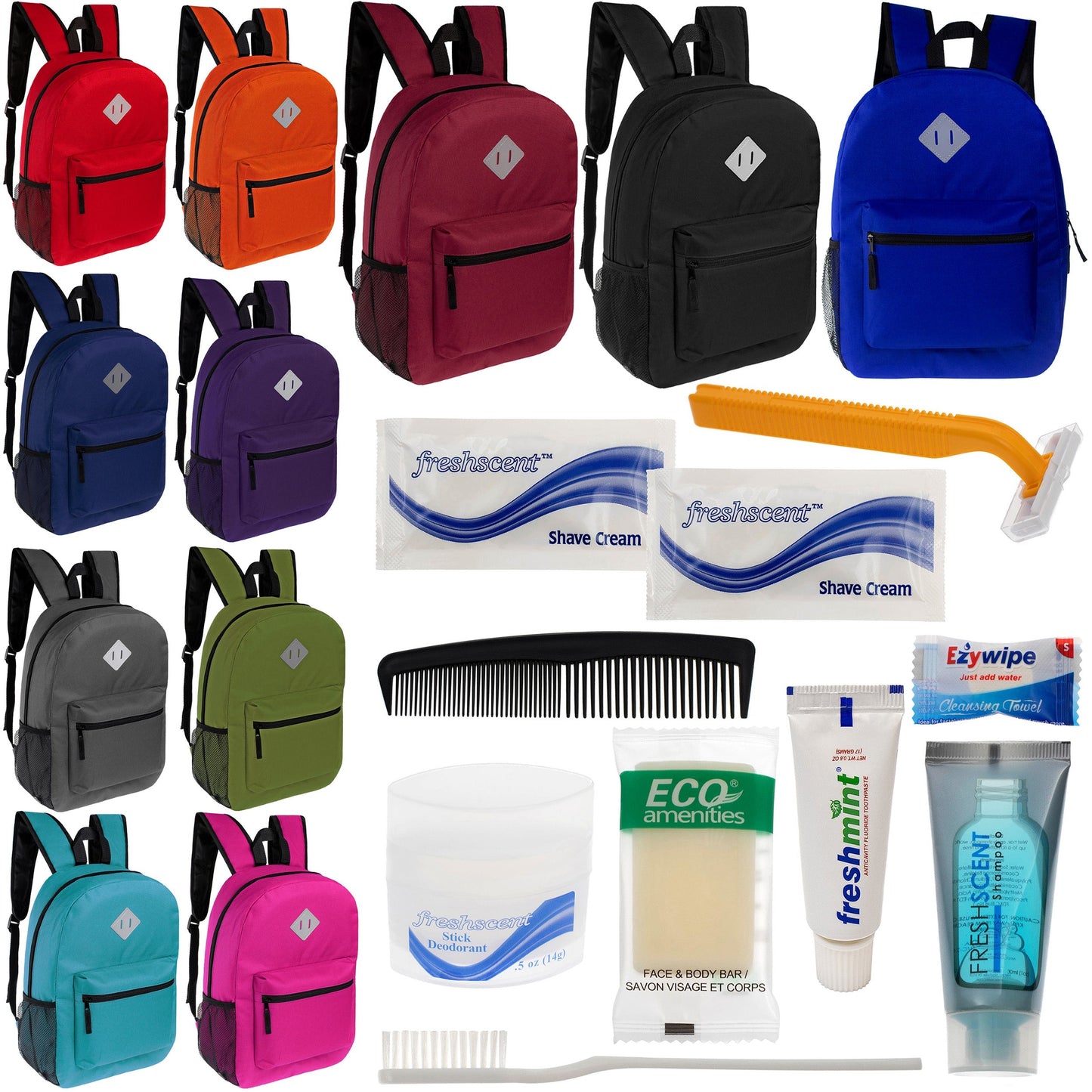 12 Diamond Patch 17 Rucksäcke in 11 Farben & Ihre Wahl von 12 Bulk Hygiene Kits - Wholesale PFLEGE Package: Obdachlos, Notfall, Wohltätigkeit