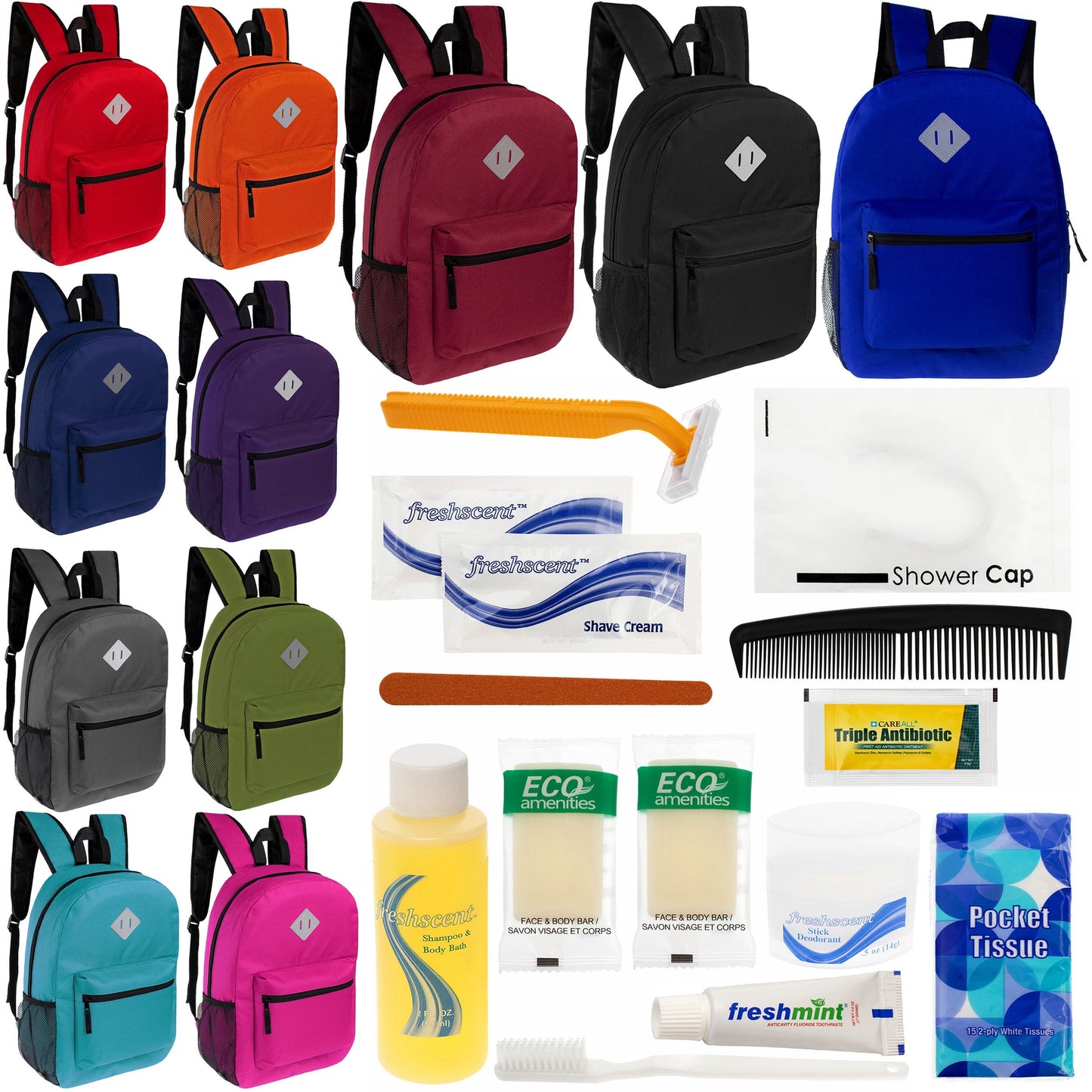 12 Diamond Patch 17 Rucksäcke in 11 Farben & Ihre Wahl von 12 Bulk Hygiene Kits - Wholesale PFLEGE Package: Obdachlos, Notfall, Wohltätigkeit