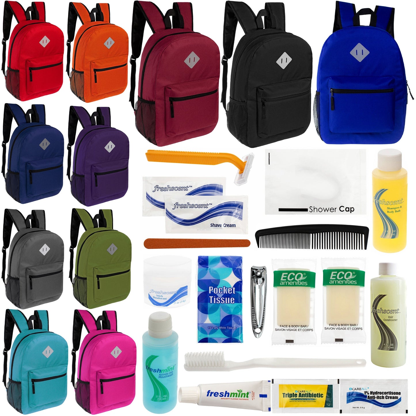 12 Diamond Patch 17 Rucksäcke in 11 Farben & Ihre Wahl von 12 Bulk Hygiene Kits - Wholesale PFLEGE Package: Obdachlos, Notfall, Wohltätigkeit