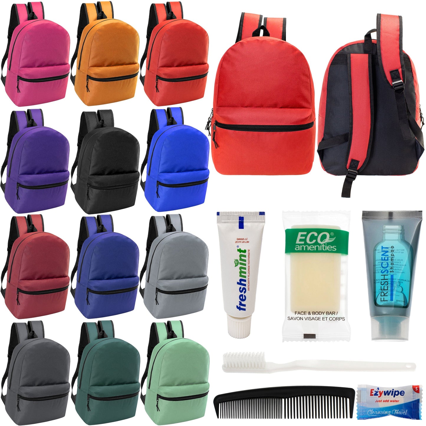 12 17 'Klassische Rucksäcke in 12 verschiedenen Farben & Ihre Wahl von 12 Bulk Hygiene Kits - Wholesale PFLEGE Package: Obdachlos, Notfall, Wohltätigkeit
