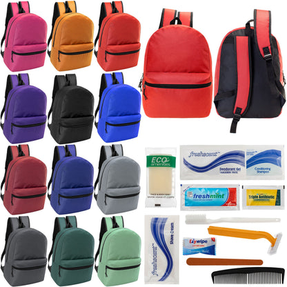 12 17 'Klassische Rucksäcke in 12 verschiedenen Farben & Ihre Wahl von 12 Bulk Hygiene Kits - Wholesale PFLEGE Package: Obdachlos, Notfall, Wohltätigkeit