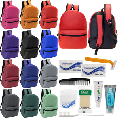 12 17 'Klassische Rucksäcke in 12 verschiedenen Farben & Ihre Wahl von 12 Bulk Hygiene Kits - Wholesale PFLEGE Package: Obdachlos, Notfall, Wohltätigkeit