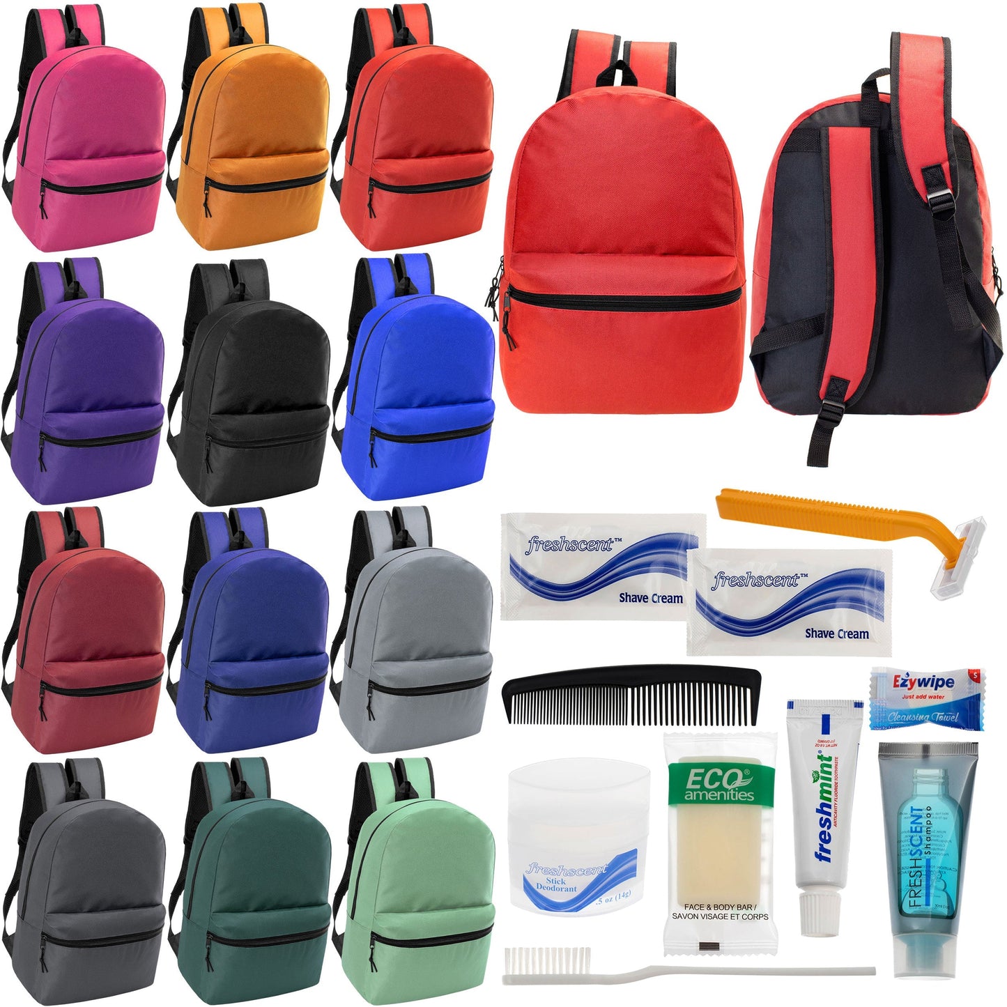 12 17 'Klassische Rucksäcke in 12 verschiedenen Farben & Ihre Wahl von 12 Bulk Hygiene Kits - Wholesale PFLEGE Package: Obdachlos, Notfall, Wohltätigkeit