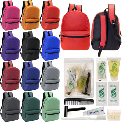 12 17 'Klassische Rucksäcke in 12 verschiedenen Farben & Ihre Wahl von 12 Bulk Hygiene Kits - Wholesale PFLEGE Package: Obdachlos, Notfall, Wohltätigkeit