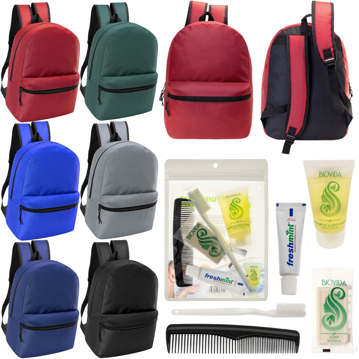 12 17 'Klassische Rucksäcke in 6 verschiedenen Farben & Ihre Wahl von 12 Bulk Hygiene Kits - Wholesale PFLEGE Package: Obdachlos, Notfall, Wohltätigkeit