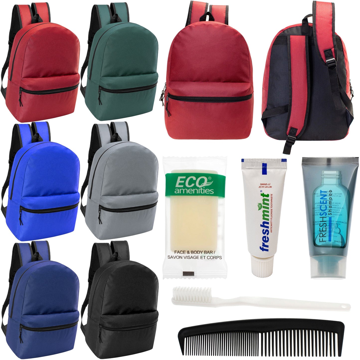 12 17 'Klassische Rucksäcke in 6 verschiedenen Farben & Ihre Wahl von 12 Bulk Hygiene Kits - Wholesale PFLEGE Package: Obdachlos, Notfall, Wohltätigkeit