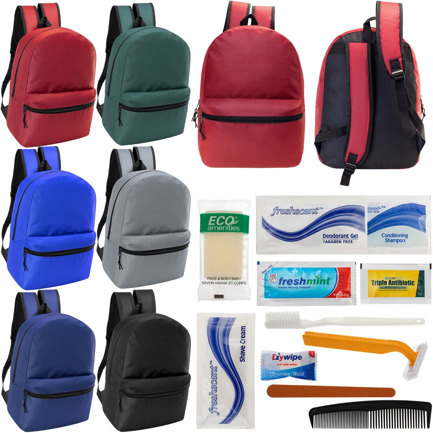 12 17 'Klassische Rucksäcke in 6 verschiedenen Farben & Ihre Wahl von 12 Bulk Hygiene Kits - Wholesale PFLEGE Package: Obdachlos, Notfall, Wohltätigkeit