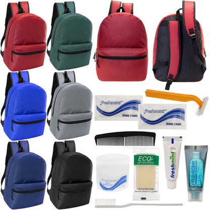 12 17 'Klassische Rucksäcke in 6 verschiedenen Farben & Ihre Wahl von 12 Bulk Hygiene Kits - Wholesale PFLEGE Package: Obdachlos, Notfall, Wohltätigkeit