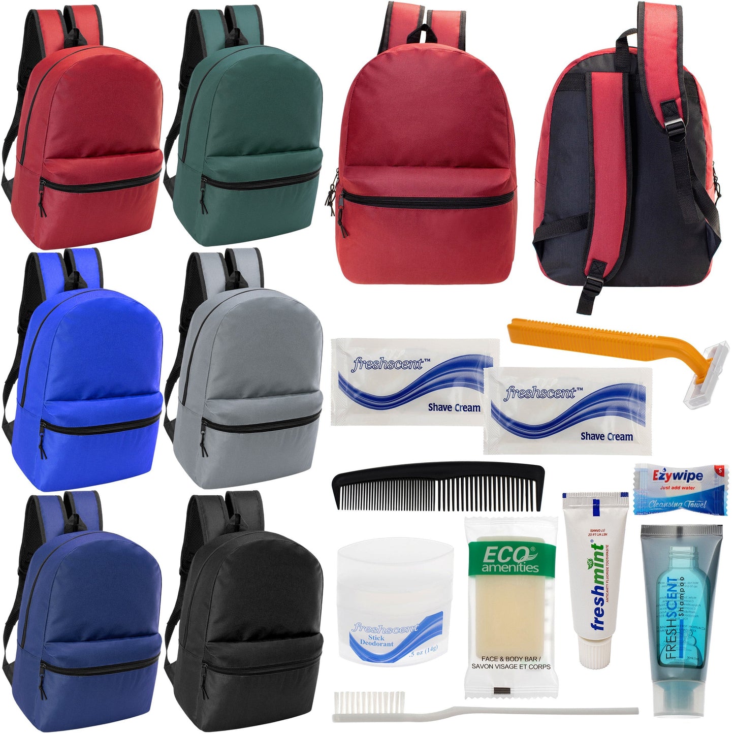12 17 'Klassische Rucksäcke in 6 verschiedenen Farben & Ihre Wahl von 12 Bulk Hygiene Kits - Wholesale PFLEGE Package: Obdachlos, Notfall, Wohltätigkeit