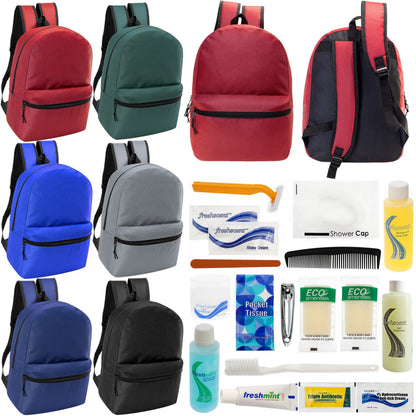 12 17 'Klassische Rucksäcke in 6 verschiedenen Farben & Ihre Wahl von 12 Bulk Hygiene Kits - Wholesale PFLEGE Package: Obdachlos, Notfall, Wohltätigkeit